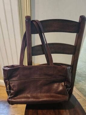 Women's Brown Leather Tote Bag with Front Zip Pocket